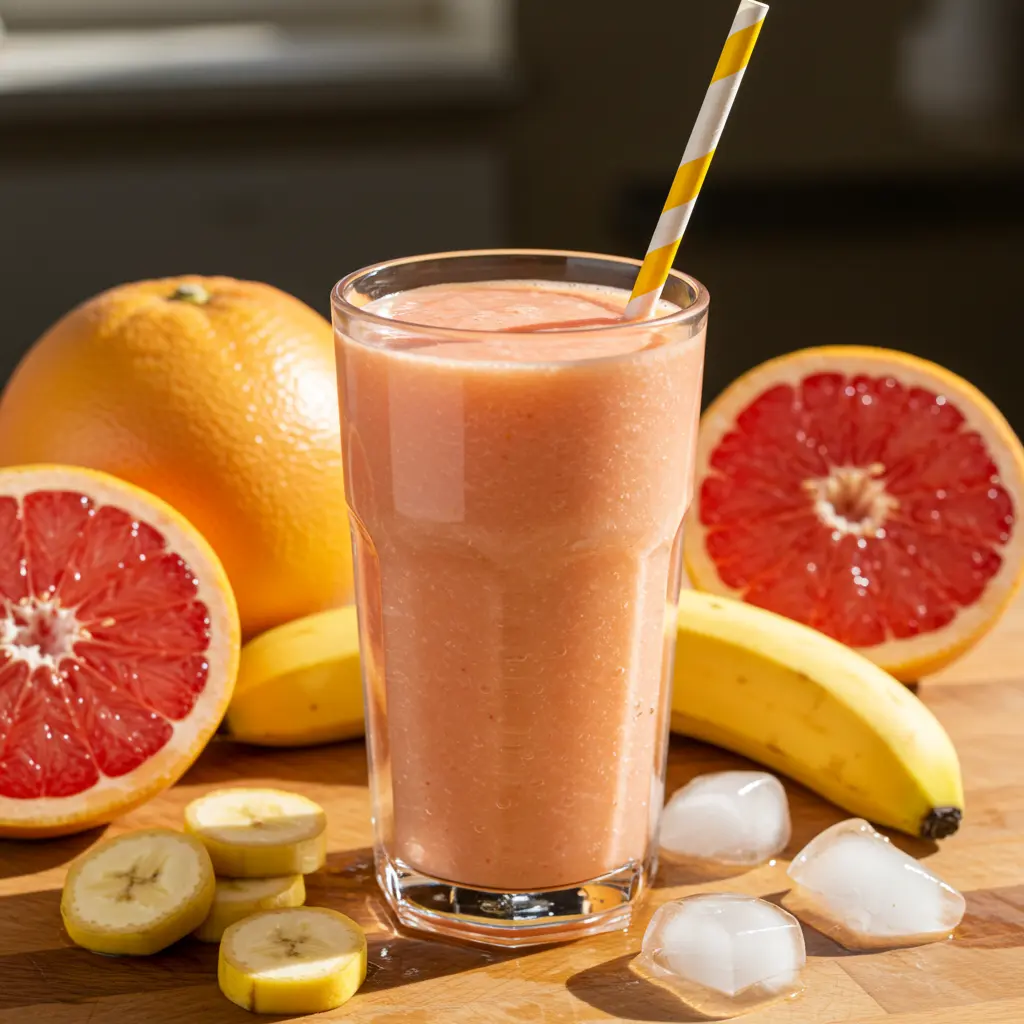 Zesty Grapefruit Sunrise in a glass with fresh grapefruit slices orange zest and a sprig of mint