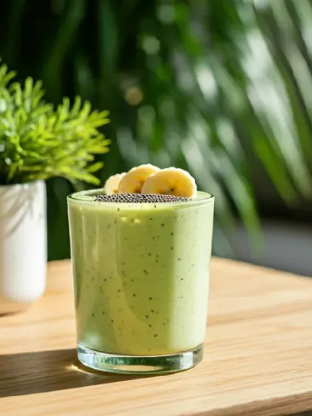 Avocado Dream Smoothie : A rich and creamy avocado smoothie in a glass, garnished with a slice of avocado and a sprinkle of chia seeds.