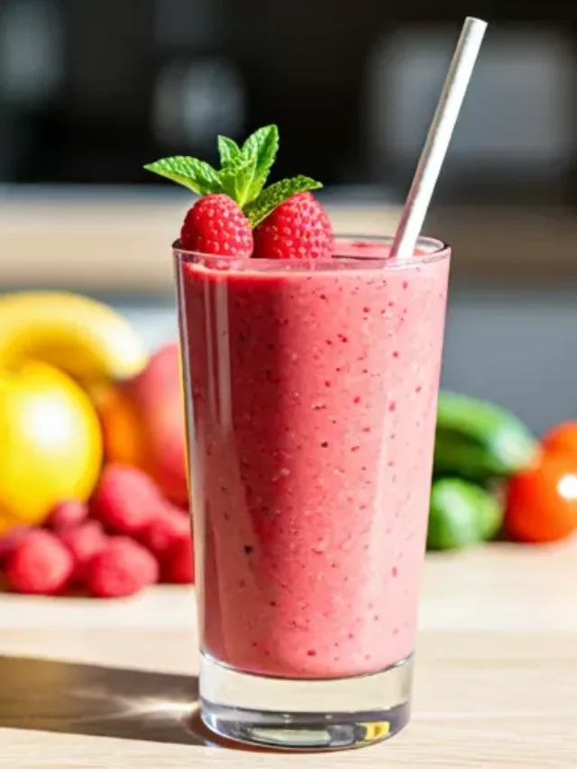 Berry Bliss Banana Smo : othieA vibrant berry banana smoothie in a glass, garnished with fresh berries and a banana slice.