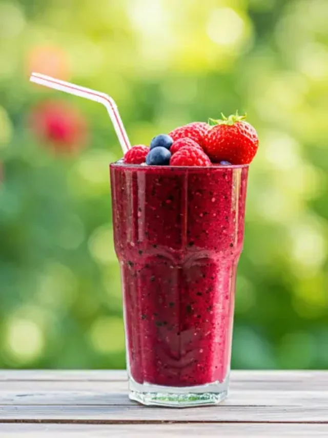 Berry Bliss Smoothie : A vibrant berry smoothie in a glass, garnished with fresh berries and a mint sprig.