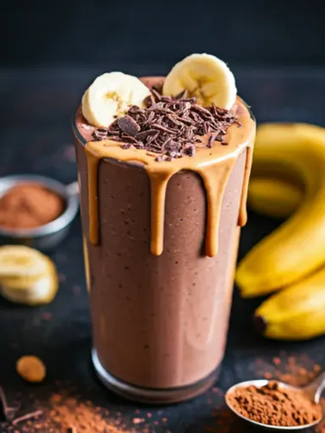 A rich and creamy Chocolate Banana Smoothie in a glass, garnished with chocolate shavings and banana slices.