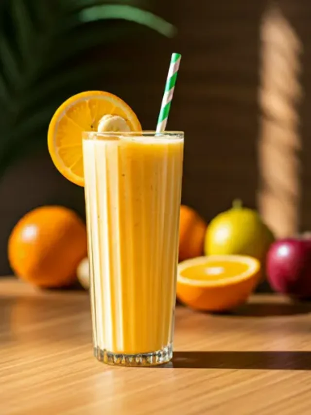 Citrus Banana Bliss Smoothie : A creamy citrus banana smoothie in a glass, garnished with an orange slice and banana.