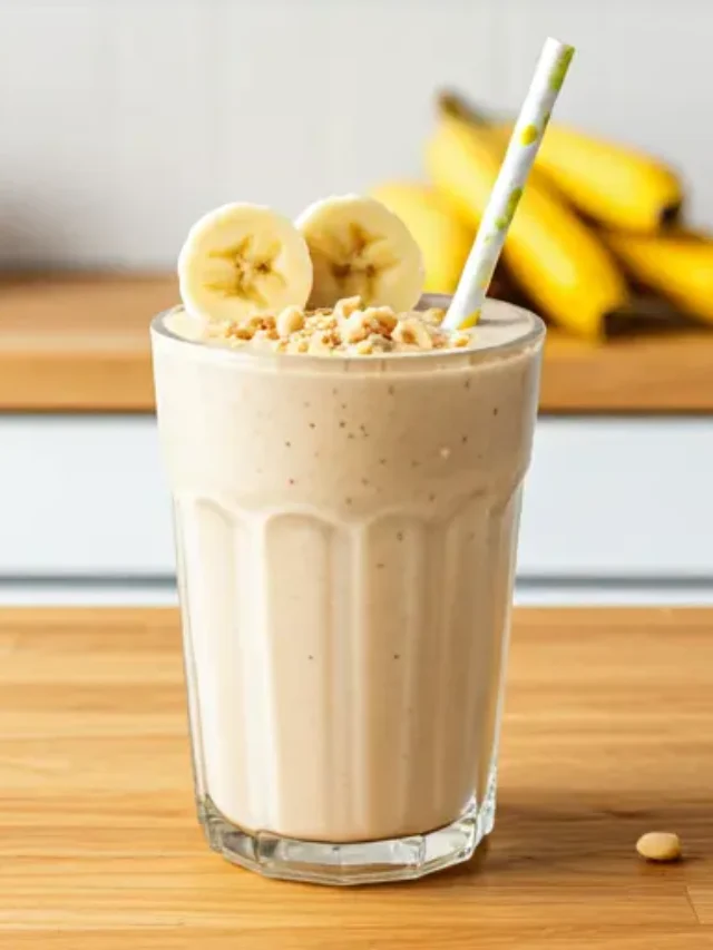 Creamy Peanut Butter Delight Smoothie : A rich and creamy peanut butter smoothie in a tall glass, topped with crushed peanuts.