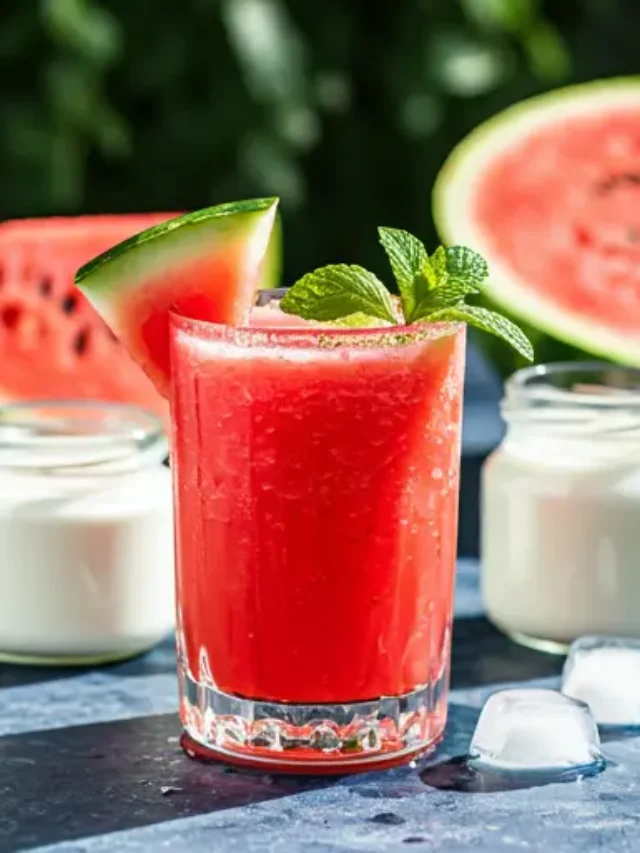 Creamy Watermelon Yogurt Smoothie : A creamy pink watermelon smoothie in a glass, topped with a swirl of yogurt and fresh mint.