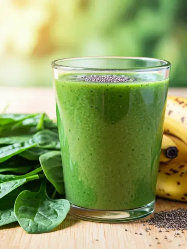 Emerald Vitality Smoothie : A rich green smoothie in a glass, garnished with fresh spinach leaves and a sprinkle of chia seeds.