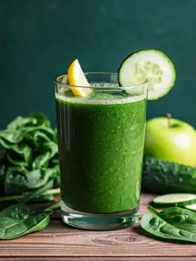 Energizing Green Smoothie : A vibrant green smoothie in a glass, garnished with fresh spinach leaves and chia seeds. Energizing Green Smoothie .