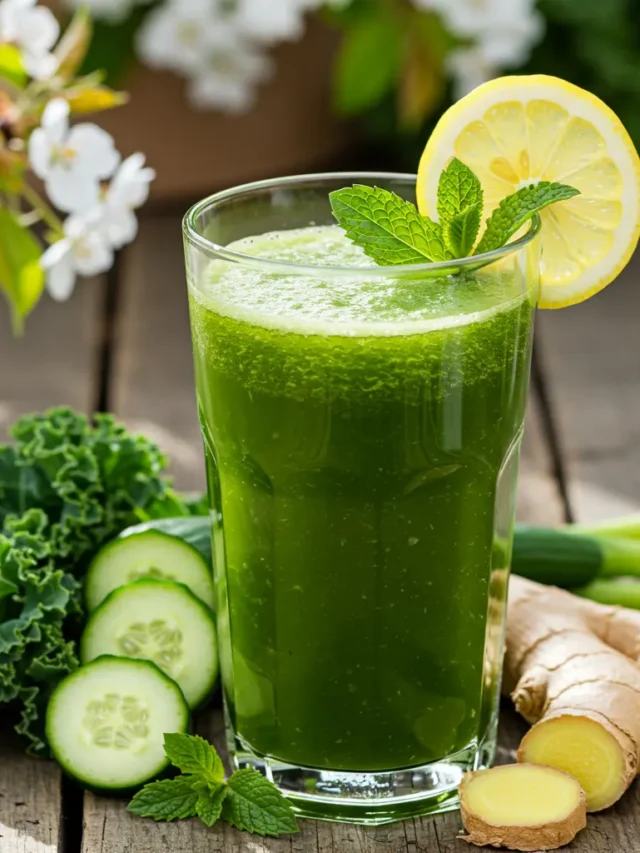 Green Glory Juice in a tall glass, garnished with a lime wedge and fresh herbs.