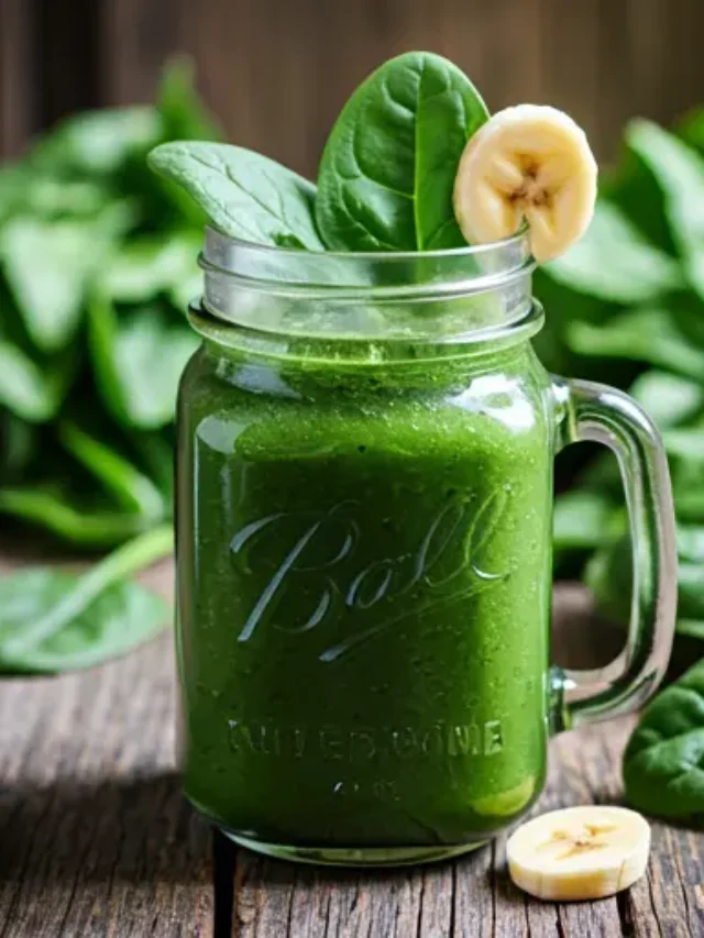 Green Glow Spinach Smoothie : A creamy, vibrant green spinach smoothie in a glass, garnished with a banana slice and a sprinkle of chia seeds.