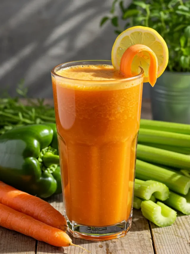 A vibrant glass of Green Pepper Carrot Juice, with a golden-orange hue and a hint of green, garnished with a green pepper ring and a carrot stick.
