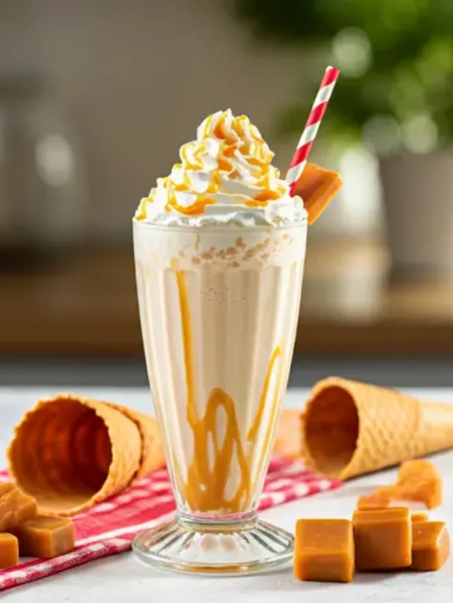 Heavenly Caramel Bliss Shake : A rich caramel milkshake in a tall glass, drizzled with caramel sauce and topped with whipped cream.