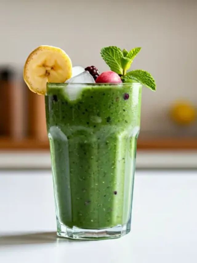 Kale Dream Smoothie : A vibrant green kale smoothie in a glass, topped with a kale leaf and chia seeds.