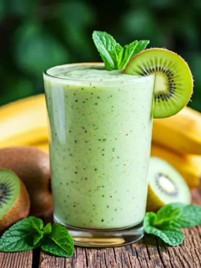 A refreshing Kiwi Banana Bliss Smoothie in a glass, garnished with kiwi slices and a banana wheel.