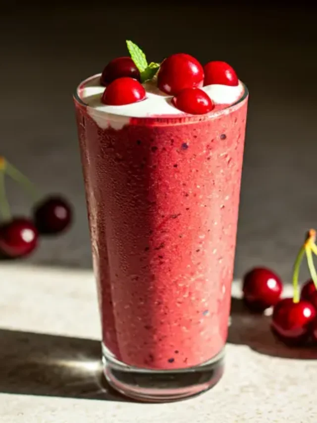 A vibrant glass of Luscious Cherry Dream Smoothie, topped with fresh cherries and a drizzle of honey.