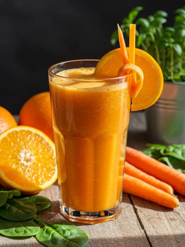 A vibrant glass of Orange Garden Juice, with a bright orange hue, garnished with an orange slice and a sprig of parsley.