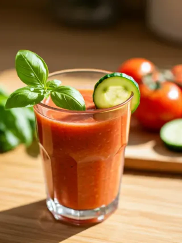 Savory Tomato Bliss Smoothie : A rich and velvety tomato smoothie in a glass, garnished with fresh basil and a cherry tomato.