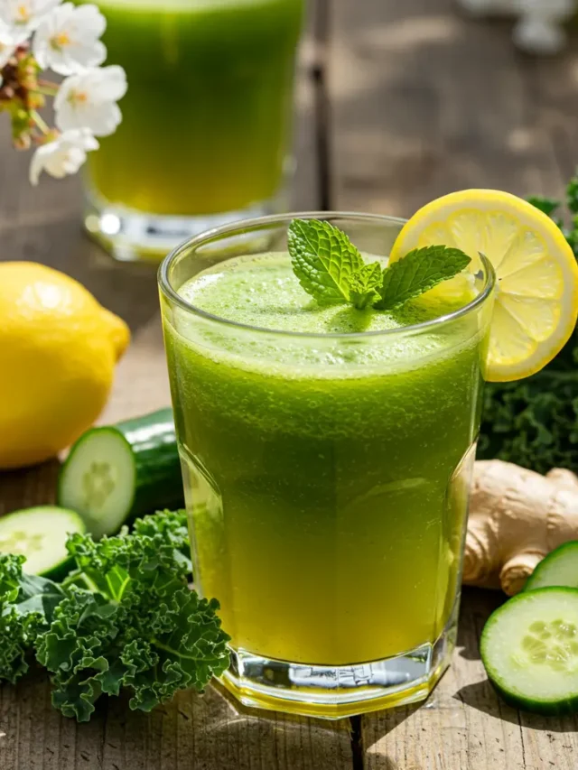 A vibrant glass of Spring Clean Juice, light green in color, garnished with a cucumber slice and a sprig of parsley.