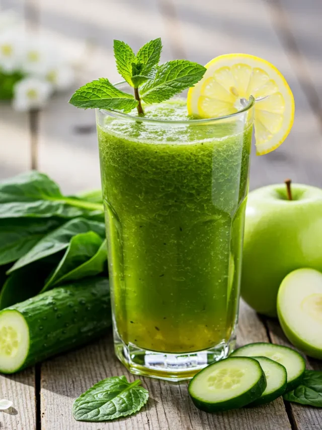 Spring Time Juice in a glass jar, garnished with a slice of lemon and fresh mint leaves.
