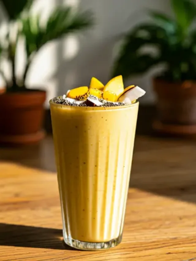 Sun-Kissed Paradise Smoothie : A vibrant tropical smoothie in a glass, garnished with a slice of pineapple and a sprinkle of coconut flakes.