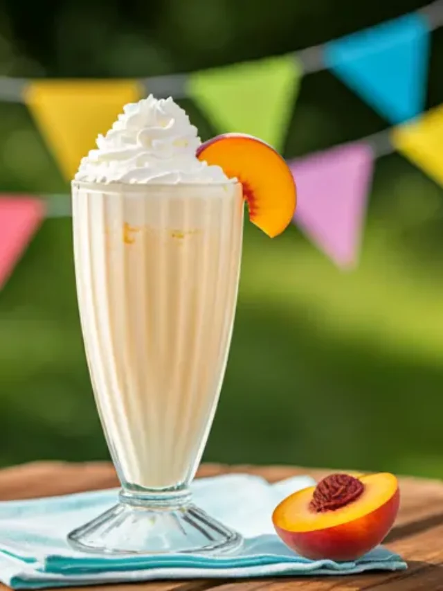 Sweet Summer Peach Milkshake : A creamy peach milkshake in a tall glass, garnished with fresh peach slices and a swirl of whipped cream.