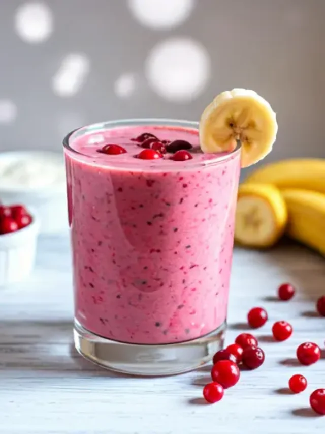 Tart Cranberry Delight : A vibrant cranberry smoothie in a glass, garnished with fresh cranberries and a sprig of mint.