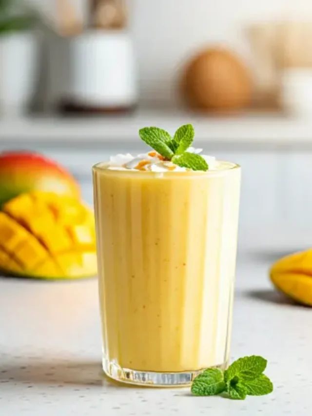 Tropical Bliss Mango Coconut Smoothie : A creamy mango coconut smoothie in a glass, garnished with shredded coconut and a mango slice.