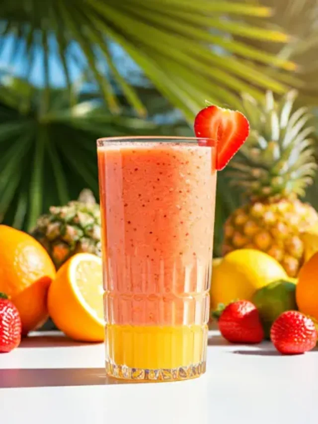 Tropical Bliss Smoothie : A creamy tropical smoothie in a glass, garnished with fresh fruit slices and a straw.