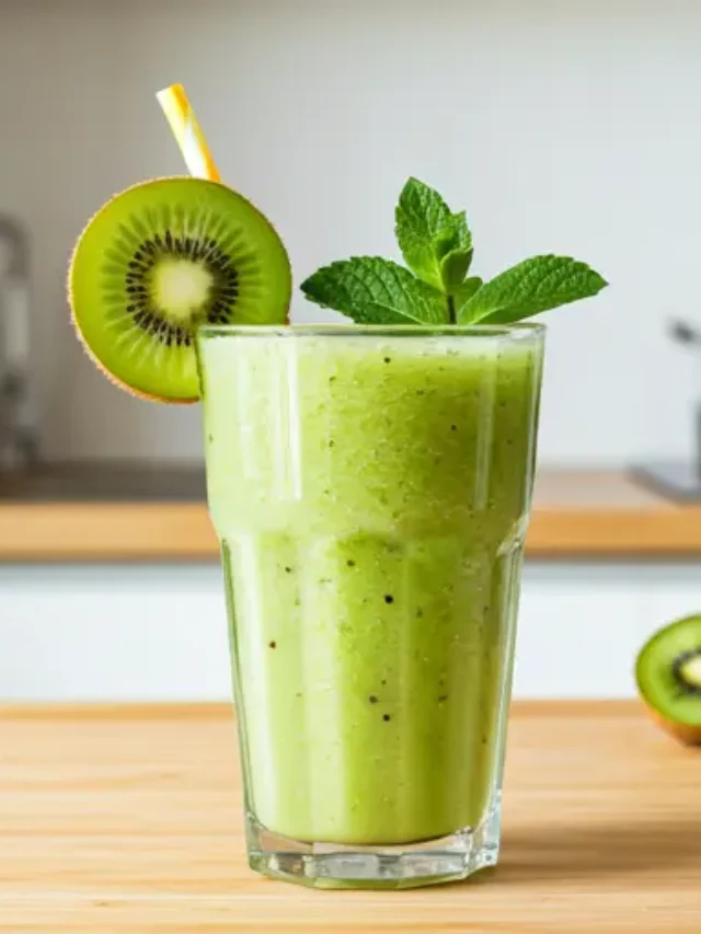Tropical Kiwi Bliss Smoothie : A bright green kiwi smoothie in a glass, garnished with fresh kiwi slices and a mint sprig.