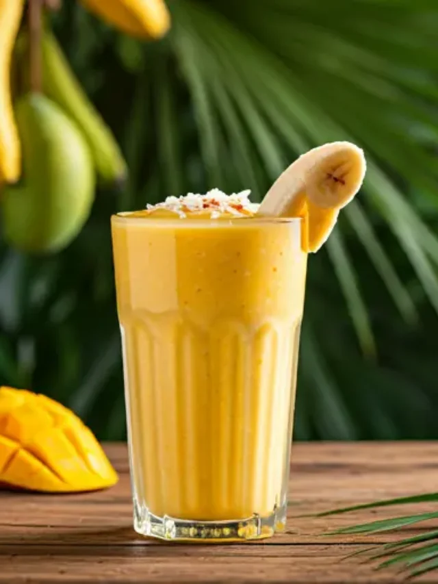 A creamy Tropical Mango Banana Smoothie in a glass, garnished with fresh mango slices and a banana swirl.