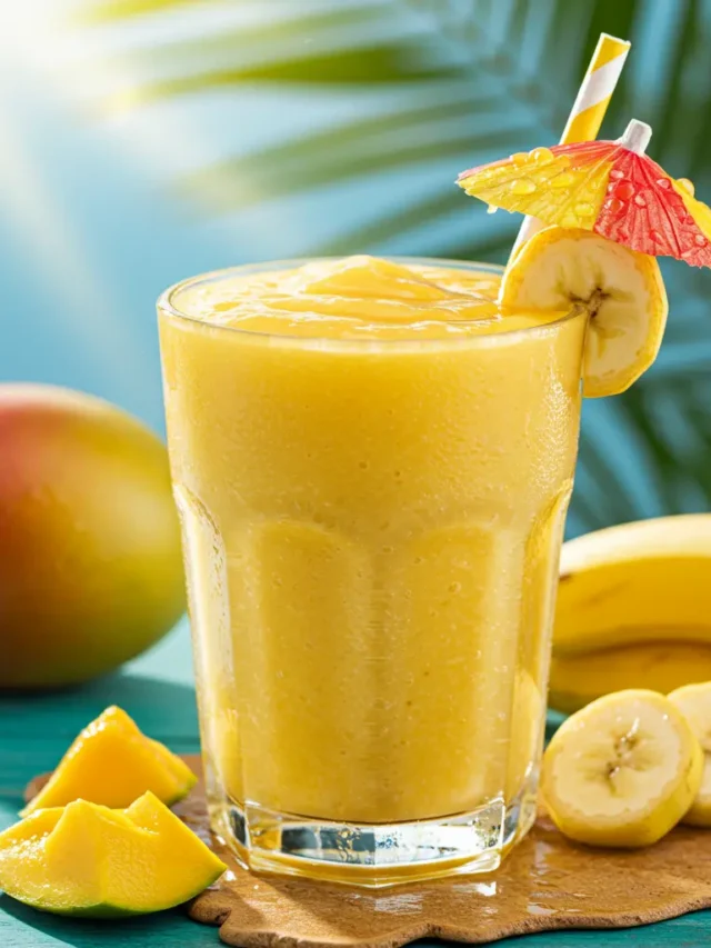 Tropical Mango Medley Smoothie Delight in a glass, garnished with mango slices, pineapple chunks, and a sprig of mint.