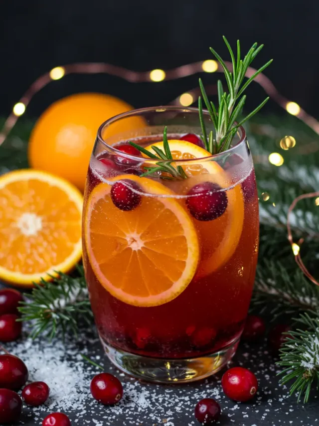 Fresh ingredients for Winter Sparkle Juice, including pomegranate, cranberries, orange, and cinnamon, displayed on a rustic wooden surface.