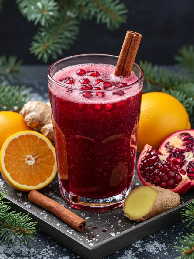 Fresh ingredients for Winter Spice Immunity Booster Juice, including oranges, ginger, turmeric, and cinnamon sticks, arranged on a rustic wooden surface.