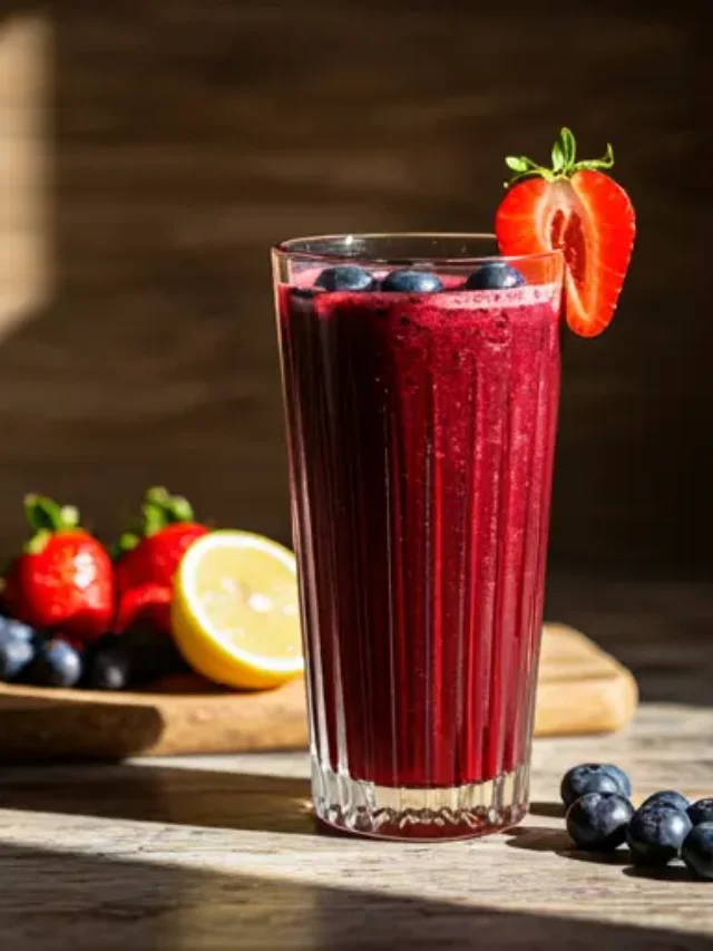 Bursting Berry Bliss Juice A vibrant berry juice blend served in a glass, bursting with rich colors and fruity goodness.